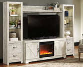 Bay Furniture Gallery - Ashley Furniture - Bellaby 4-Piece Entertainment Center with Fireplace - 4-Piece Entertainment Center with Fireplace / Whitewash - W331W5